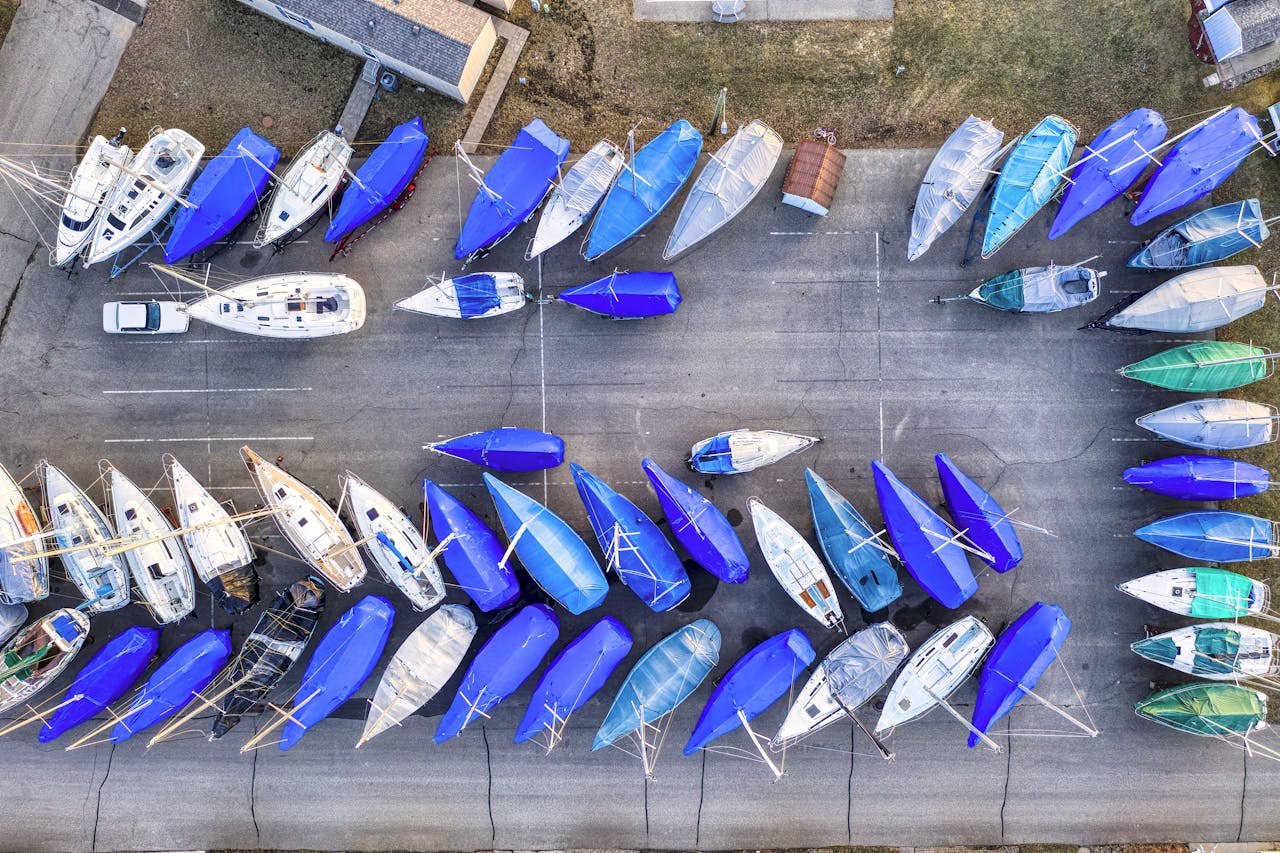 services-01 Drone shot showcasing an aerial view of boats docked in Lake City, Minnesota.